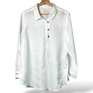 CYNTHIA ROWLEY 100% Linen Long Sleeve Blouse 3 Button Close Roll Tab Sleeves 1X